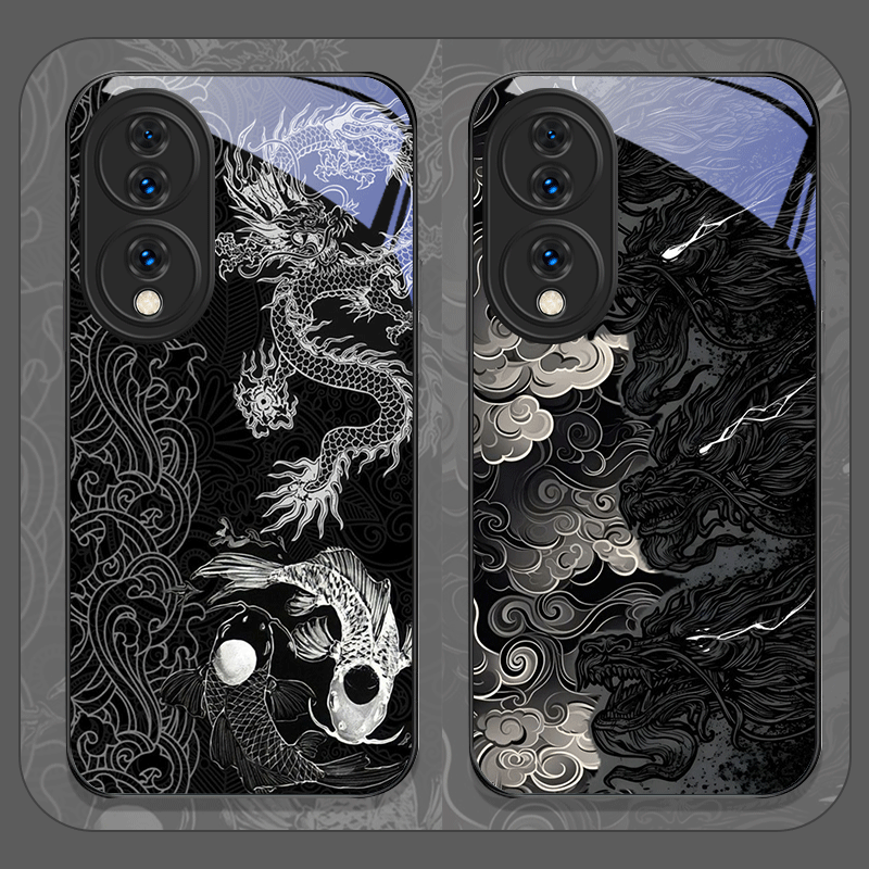 Huawei Nova 12 - Casing Ponsel Kaca Tempered Cetak Naga